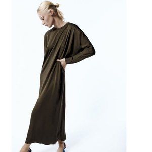 Zara Khaki Green Midi Shift Dress With Batwing Sleeves, NWT, S
